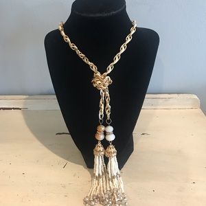 Lanyard Style Beaded Tassel Necklace Gold Tone Faceted Beads Rhinestones